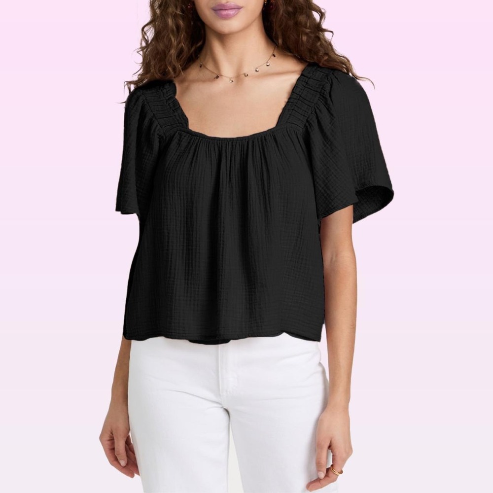Xirena Black 100% Cotton Gauze Smock Square Neck Flutter Sleeve Boho Top Medium